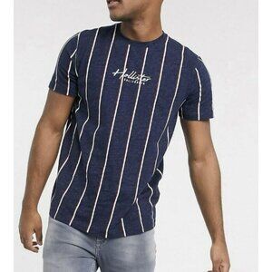 Hollister California Men's T-Shirt Logo White‎ Navy Striped Short Sleeve XL